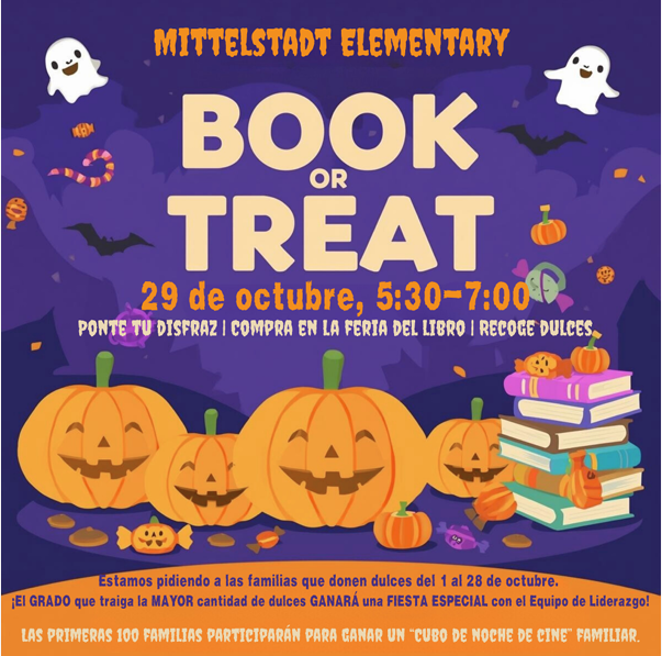 Book or Treat flyer in Spanish October 29th 5:30-7:00 pm