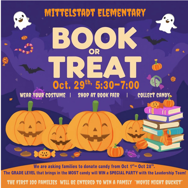 Book or Treat flyer October 29th 5:30-7:00 pm wear costume donate candy shop the bookfair