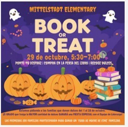 Book or Treat Spanish flyer 29 de Octubre 5:30-7:00 pm