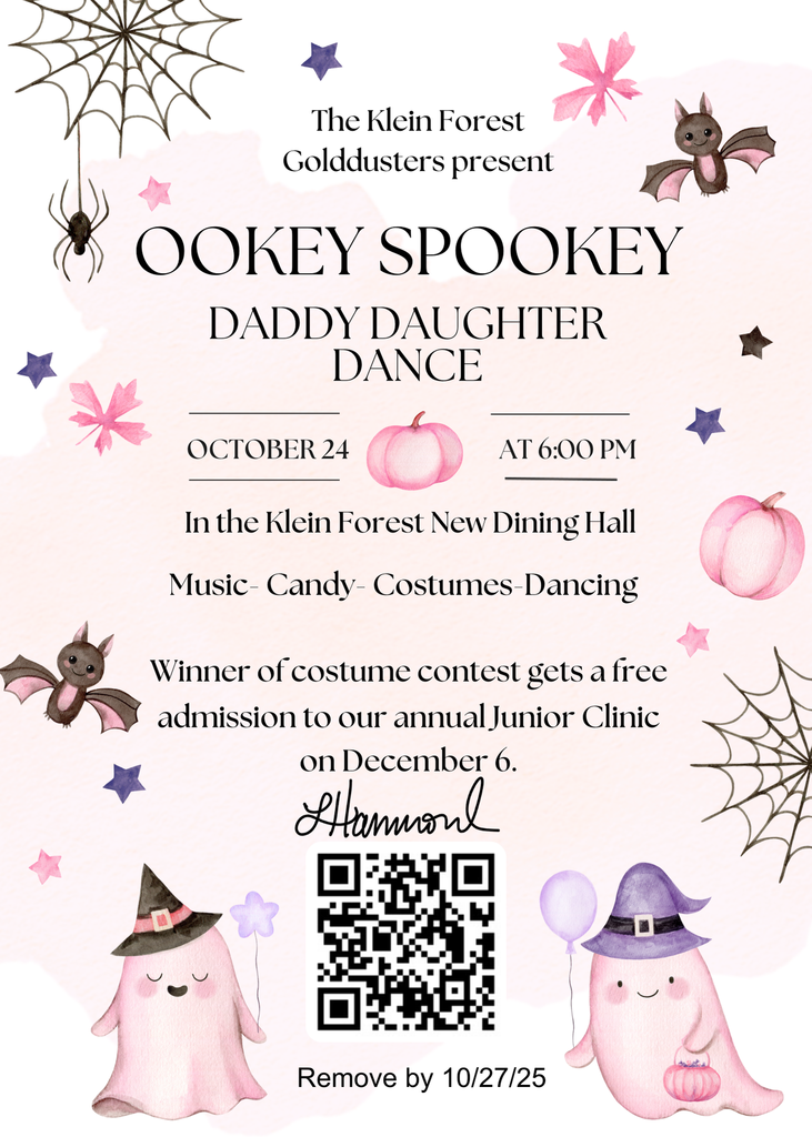 Ghosts, bats, spider webs , pumpkins, and leaves decorate a flayer about a daddy daugther dance