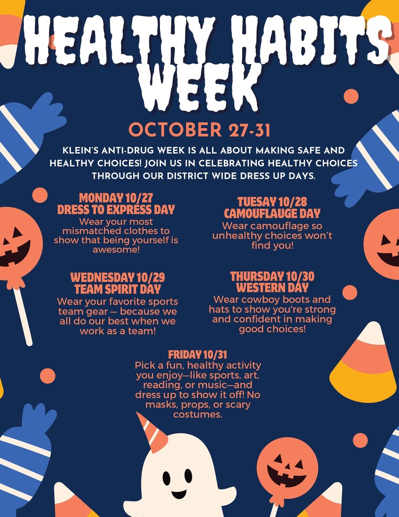 Anti-drug week flyer with dress up days Monday Dress to express Tuesday Camouflage day wednesday Team Spirit Day Thursday Western Day Friday Pick a fun healthy activity  you enjoy like sports, art reading or music and dress up to show it off. No masks props or scary costumes.