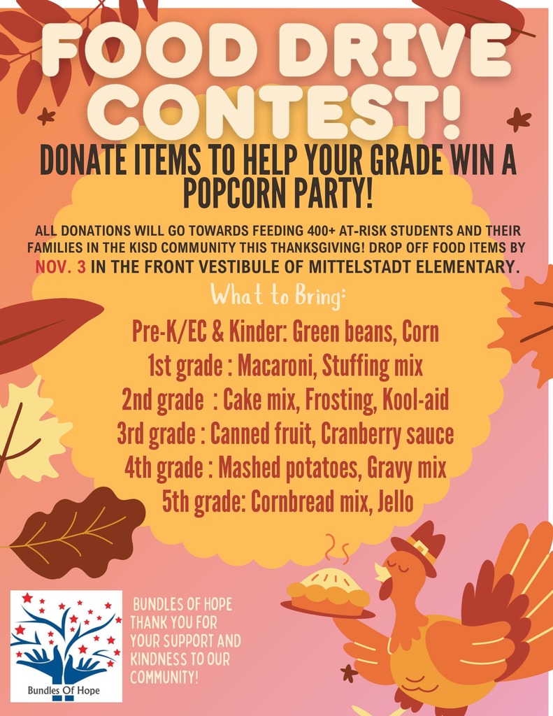 Flyer for food drive contest. What to bring Prek/EC & Kinder: Green beans, corn 1st grade Macaroni, stuffing mix 2nd grade Cake mix frosting kool aide 3rd grade canned fruit cranberry sauce 4th grade Mashed potatoes gravy mix 5th grade cornbread mix and jello