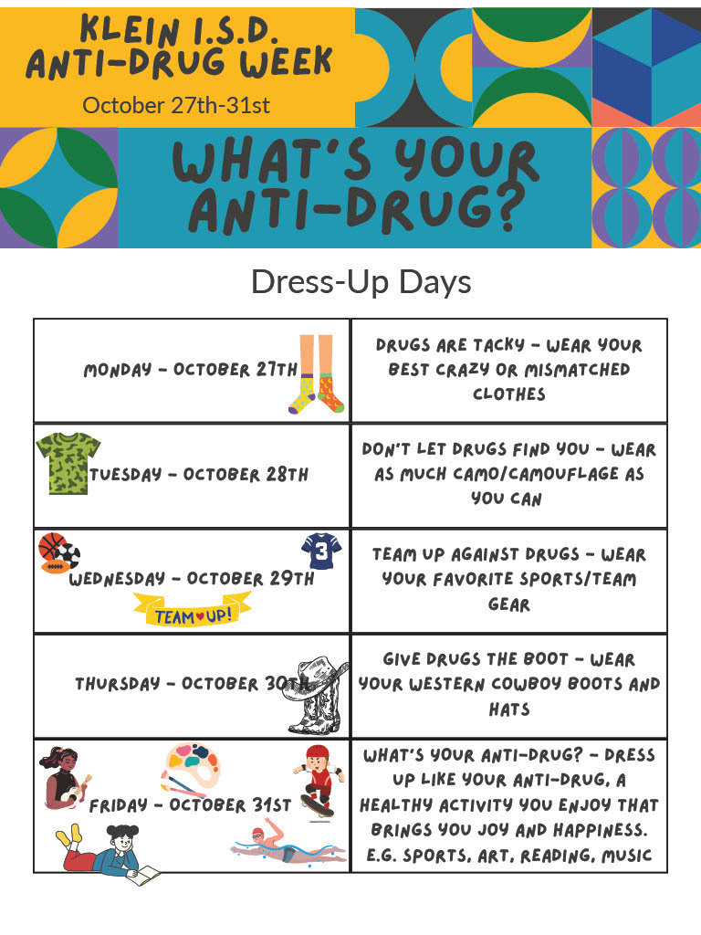 A list of themed dress up days for the anti-drug week.