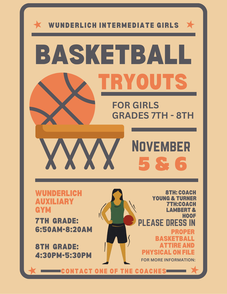 Girls Basketball Tryouts November 5 and 6 for 7th and 8th grade girls.