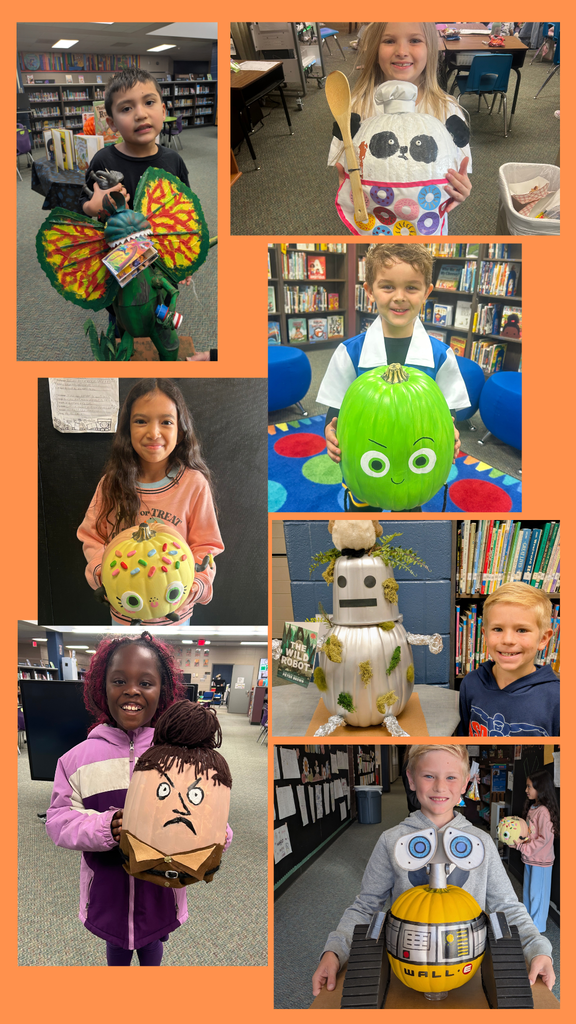 students holding pumpkins decorated as story book characters