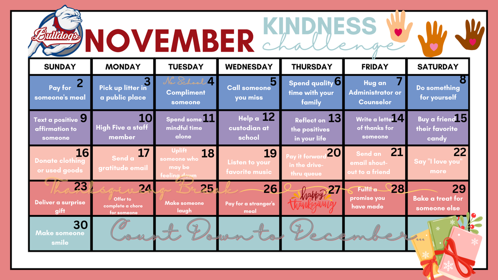 Kindess challenge calendar with calls of action to spread kindness.
