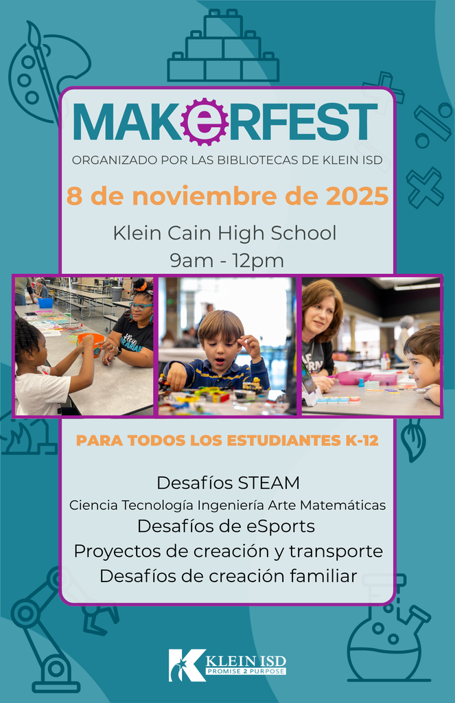 Blue flyer with information in Spanish about Makerfest Nov. 8th from 9:00-12:00