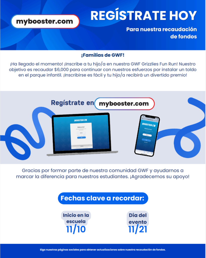 Blue and white flyer in Spanish for Booster Fundraiser 