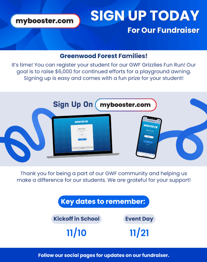 Blue and white flyer in English for Booster Fundraiser 