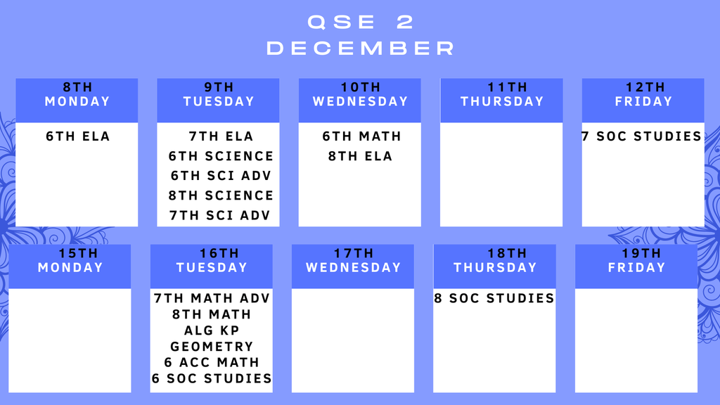 QSE 2 December Calendar dates for each core content QSE.