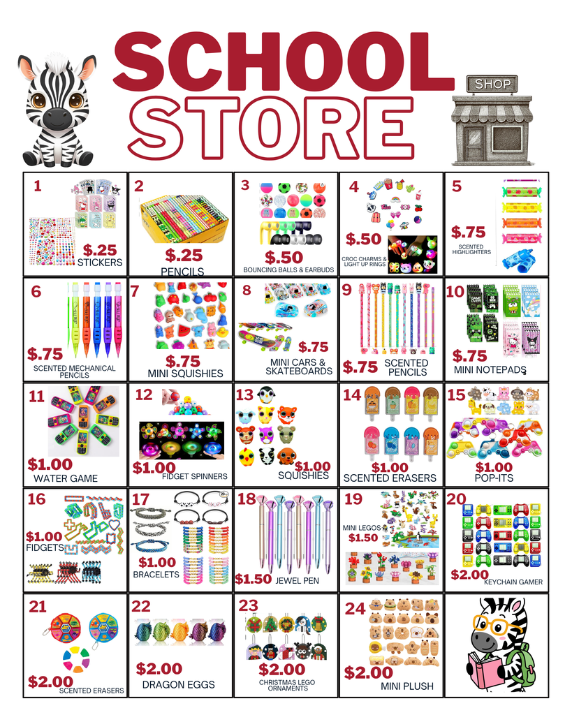 school store poster with iamges of items and prices