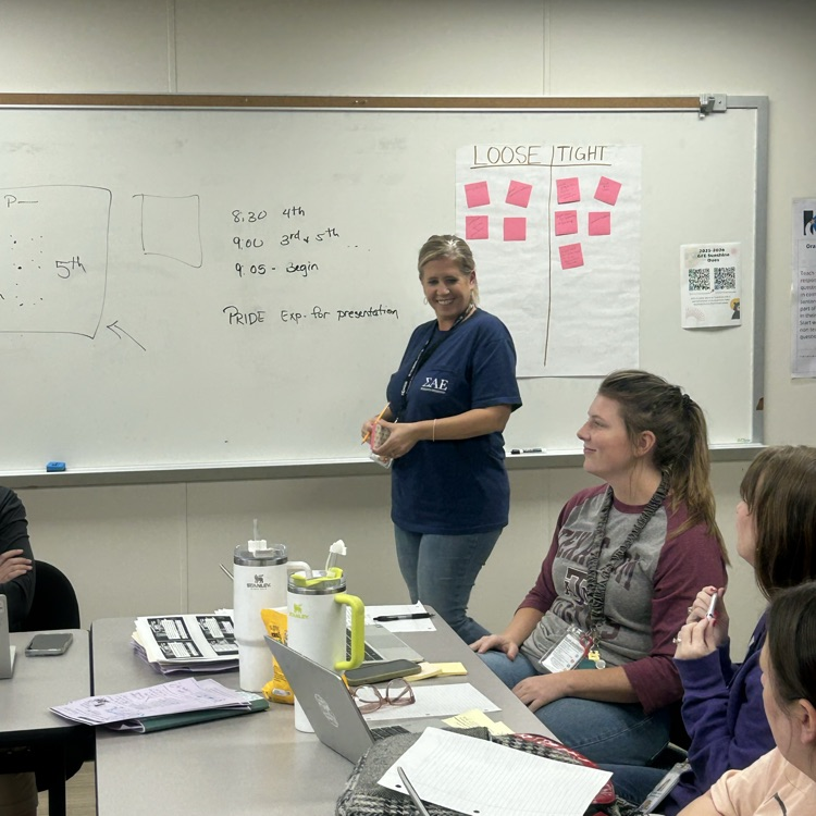 teacher at board during PLC in blue shirt 
