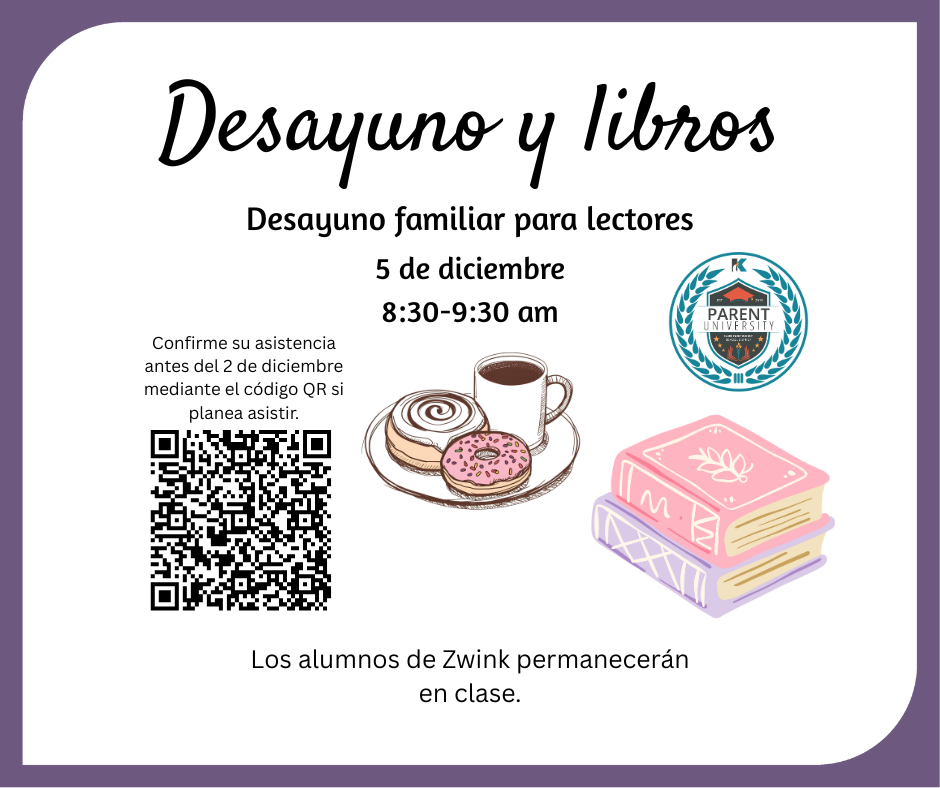 Invitation to family breakfast with graphic image of a cinnamon roll, a doughnut, and a coffee on a plate beside two stacked  books. QR code included.