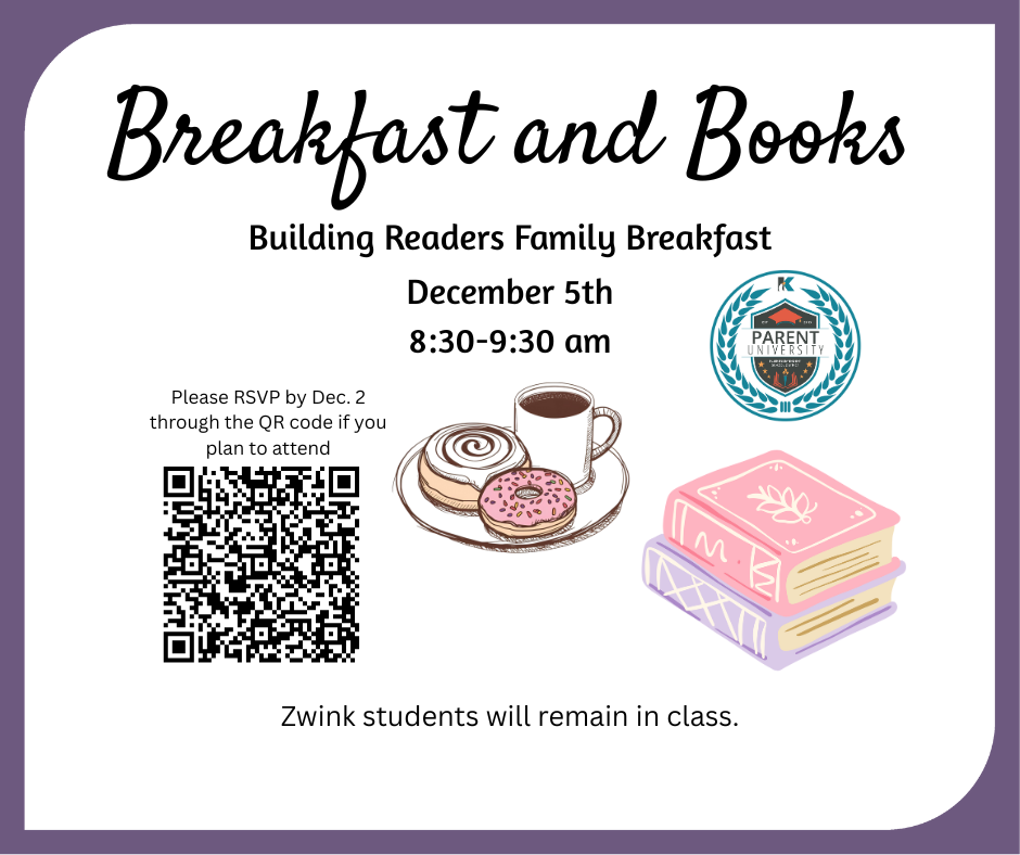 Invitation to family breakfast with graphic image of a cinnamon roll, a doughnut, and a coffee on a plate beside two stacked  books. QR code included.