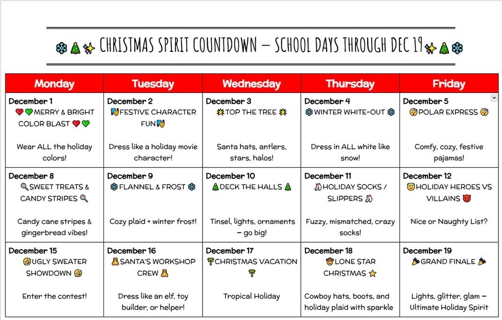 Calendar with dress up theme days