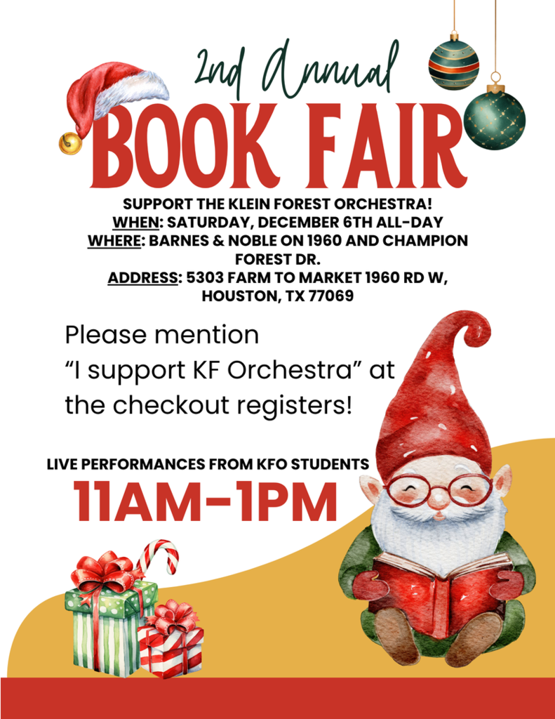 Orchestra Concert & Funraiser - Gnome or Elf and presents on flyer