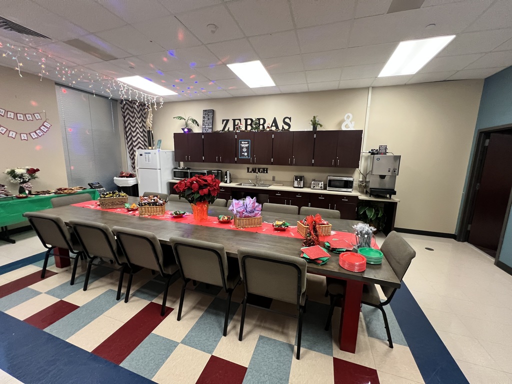 Teacher's Lounge table decorated for Christmas