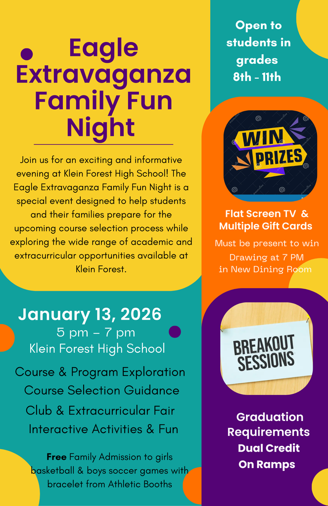 Eagle Extravaganza Tuesday January 13, 2026 5 pm-7 pm. Prepare for the 2026-2027 year.  Course & program exploration, course selection guidance, club and extracurricular fair
