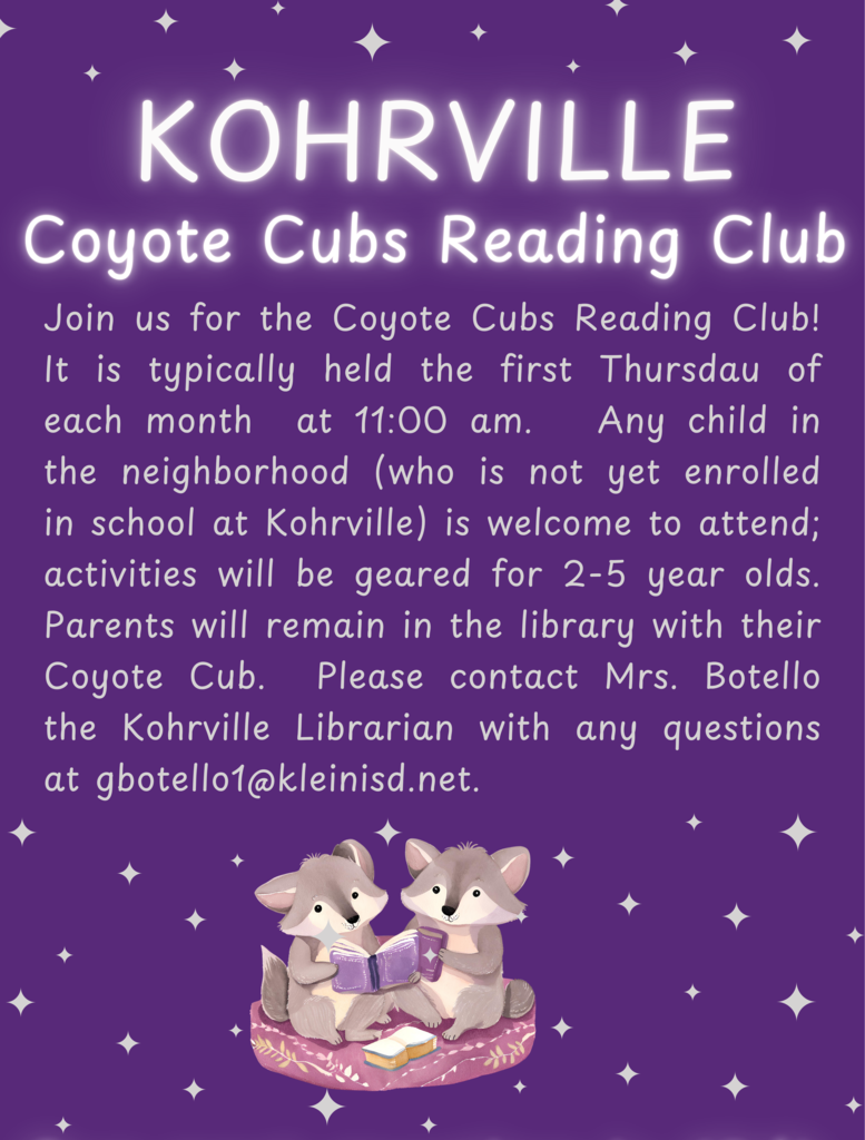 Coyote Cubs flyer - meet the first Thrusday of the month at 11:00; neighborhood preschoolers not enrolled at Kohrville yet are welcome to attend