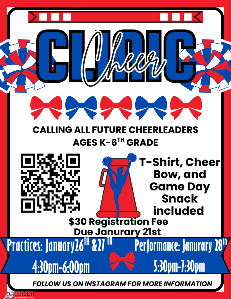 Flyer for upcmoing cheer clinic that will be held January 26th and 27th. The performance will be January 28th. The cost is $30. Use the QR code to register by January 21st..