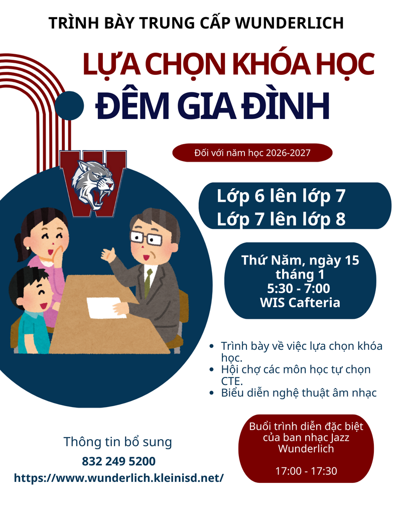 Current 6th and 7th graders course selection parent night is January 15 from 5:30-7:30 at Wunderlich Intermediate