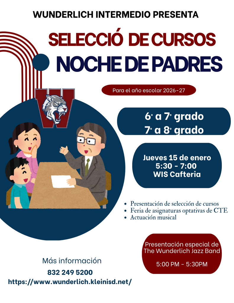 Current 6th and 7th graders course selection parent night is January 15 from 5:30-7:30 at Wunderlich Intermediate