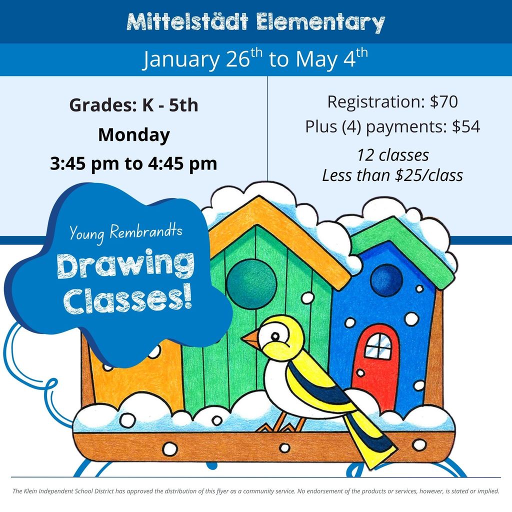 Flyer for Young Rembrandts Grades K-5 January 26th to May 4th Registration $70 plus 4 payments $54
