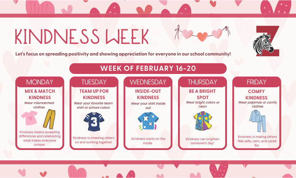 Heart themed informational flyer for Kindness Week Dress Up days