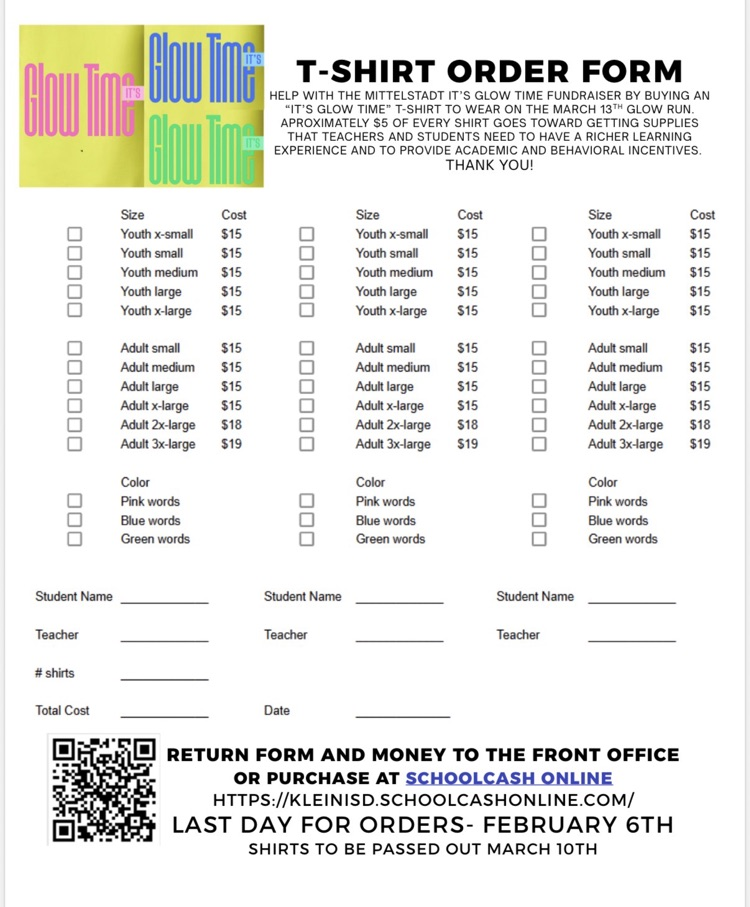 Glow run Tshirt order form information