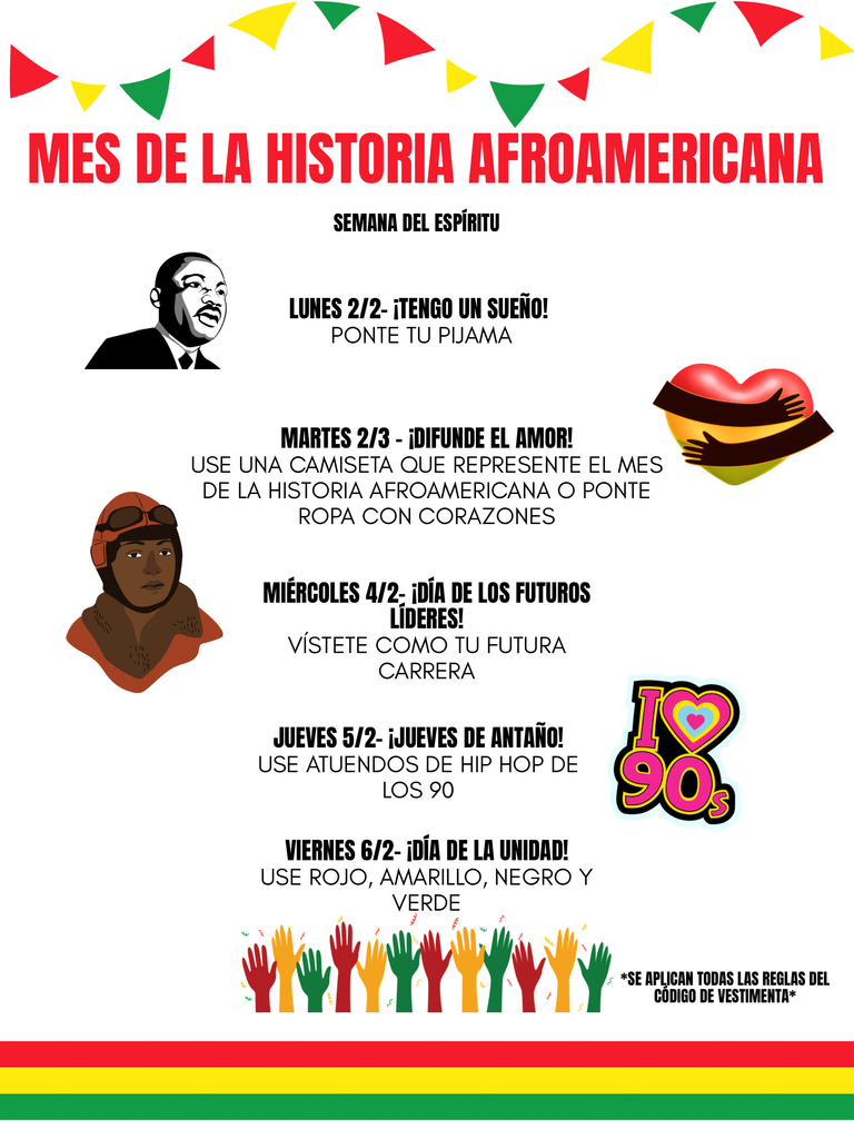 Informational FLyer for Black History Month Dress up days in Spanish