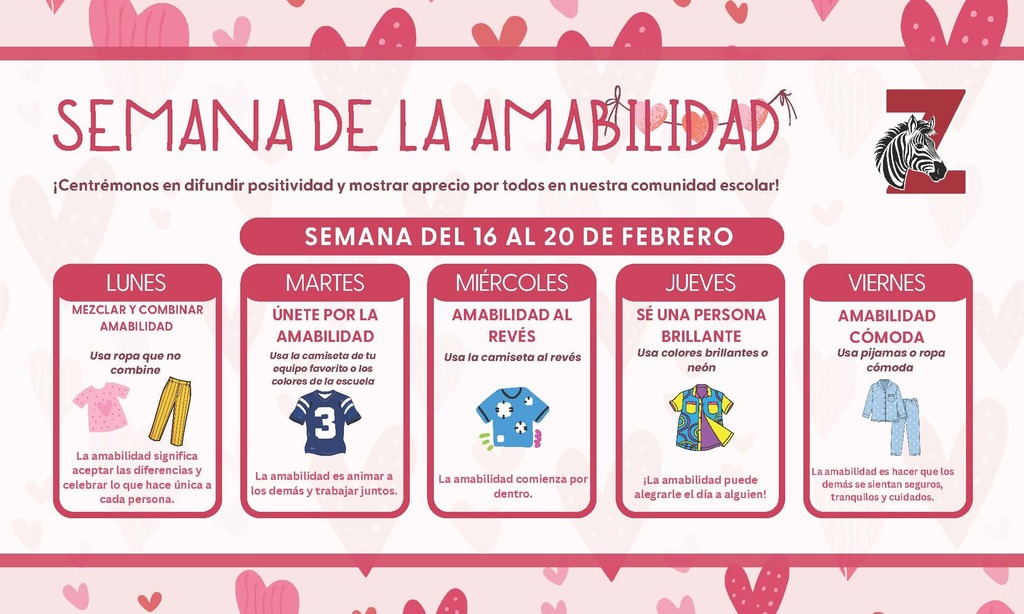 Heart themed informational flyer for Kindness Week Dress Up days in Spanish