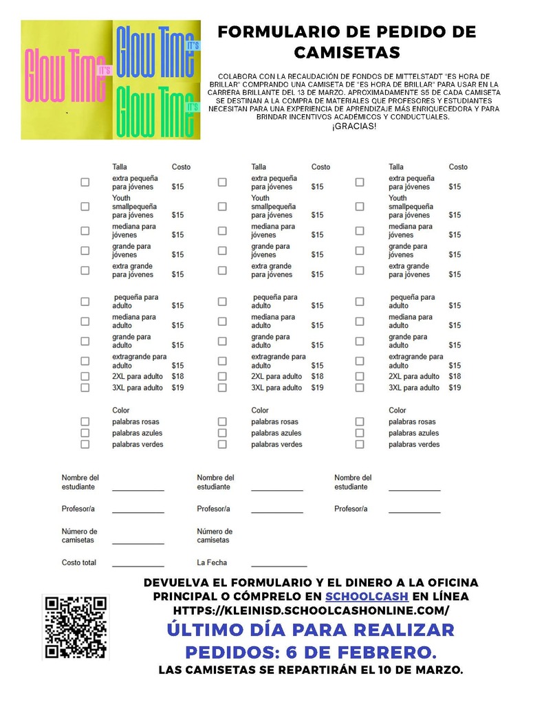 Spanish Flyer for Glow Run Shirts. $15 can pay cash send to front office or pay in school cash