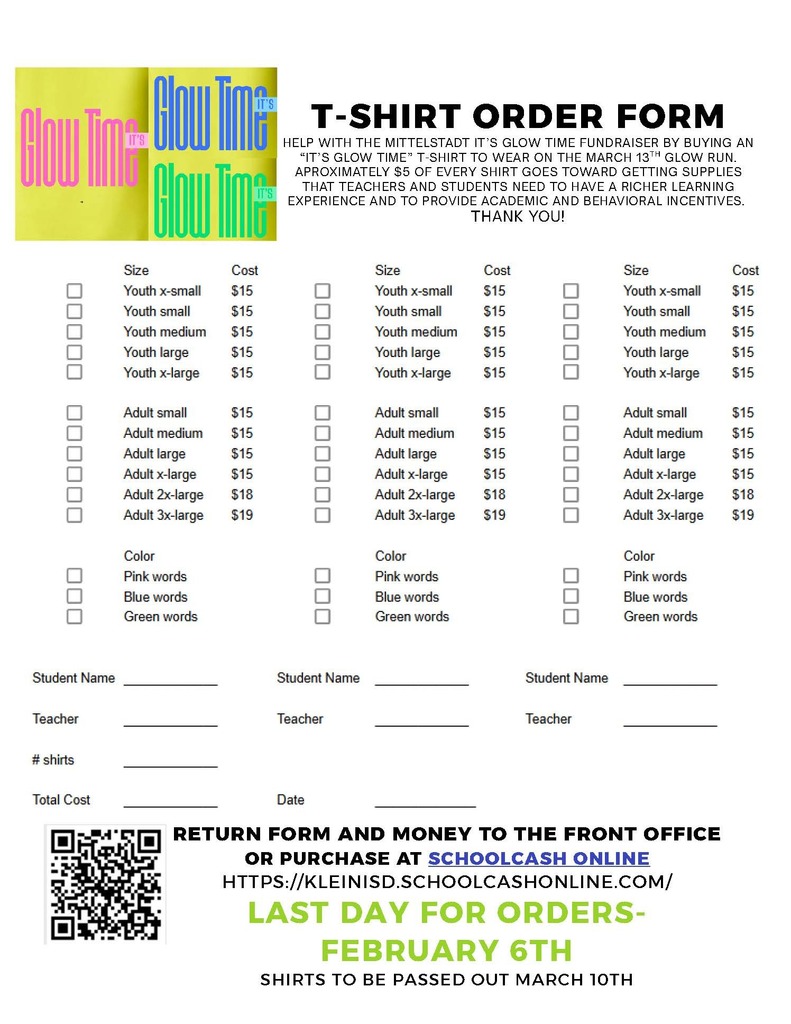 Flyer for Glow Run Shirts. $15 can pay cash send to front office or pay in school cash