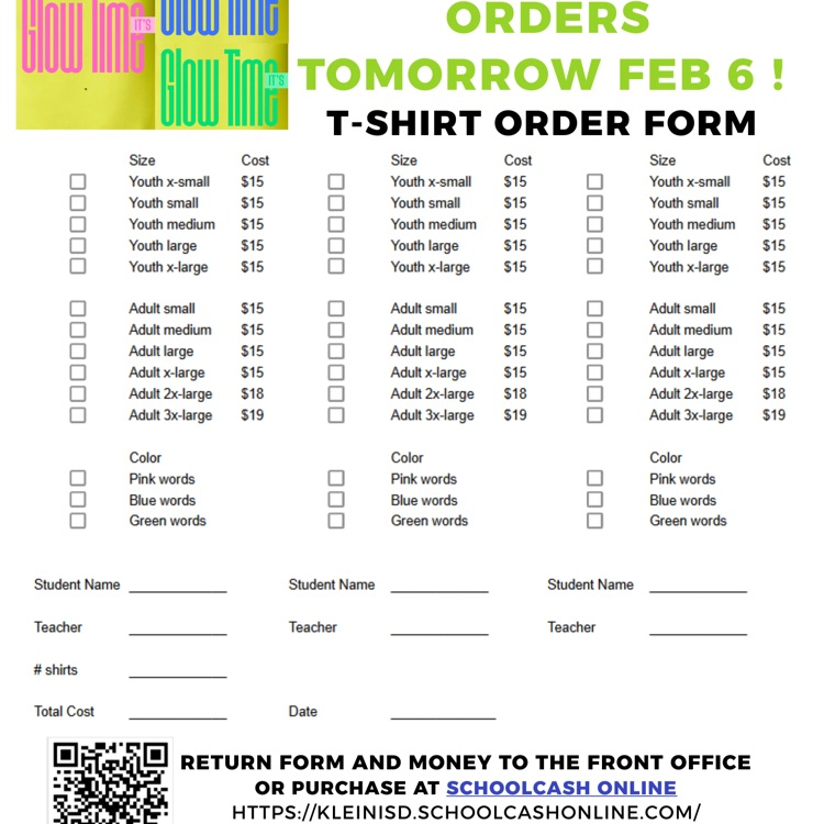 flyer for Glow Run Tshirt order form in English