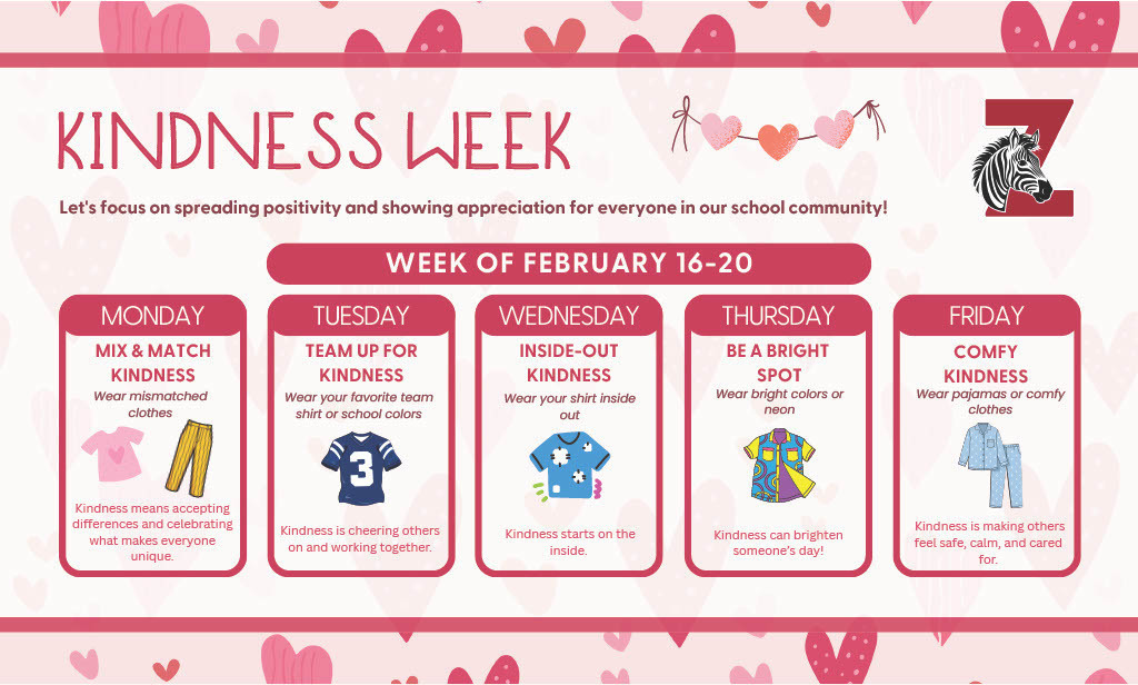 Heart themed informational flyer for Kindness Week Dress Up days
