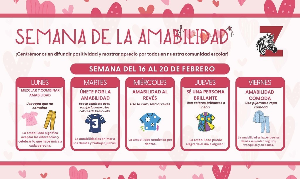Heart themed informational flyer for Kindness Week Dress Up days in Spanish