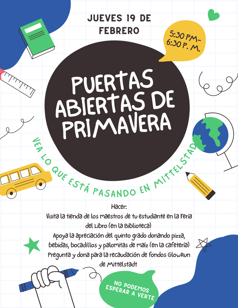 Open house Spring 2026 visit students classrom shop bookfair snack drinks in cafeteria to support 5th grade apreciation Glow Run Information