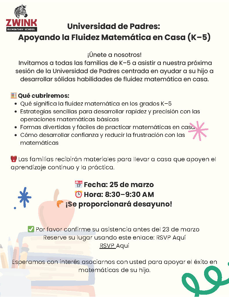 Spanish informational flyer for Parent breakfast supporting math fluency