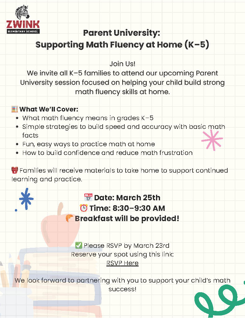Informational flyer for Parent breakfast supporting math fluency