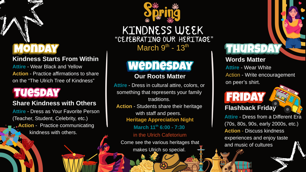 A breakdown of what each day will celebrate as well as theme dress days.