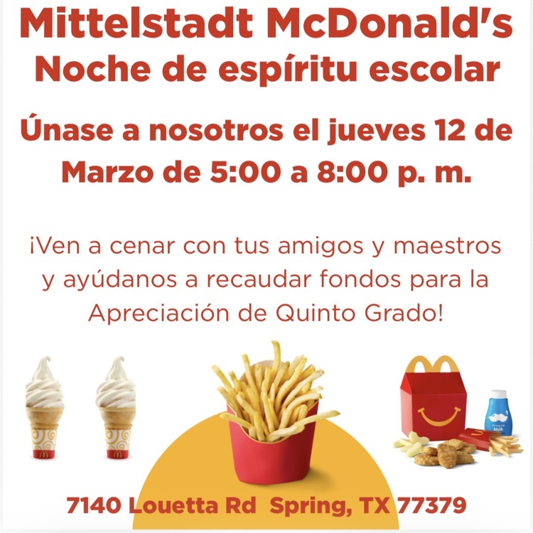 flyer in Spanish for McDonald’s spirit night 5:00-8:00 pm on 7140 Louetta road