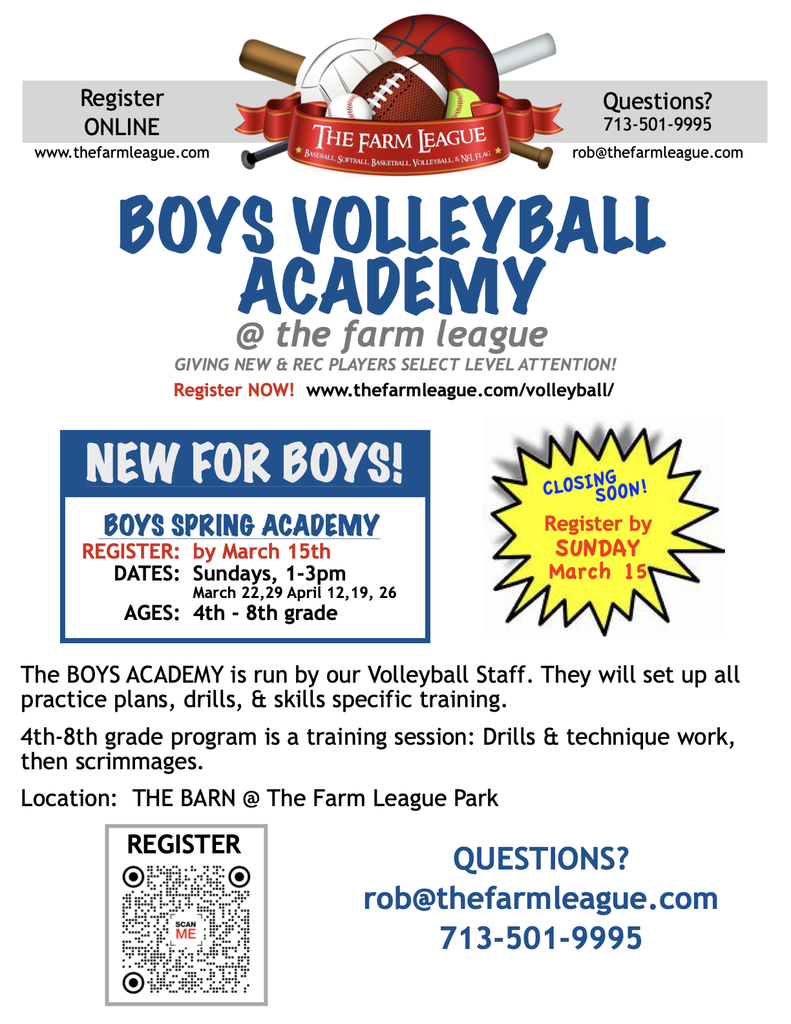 KISD Flyer Program -  The Farm League SPRING VOLLEYBALL Boys Academy CLOSING SOON