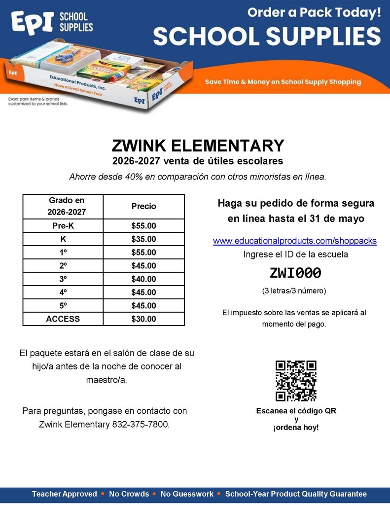 School Supply Order information with QR Code and Price Chart in Spanish