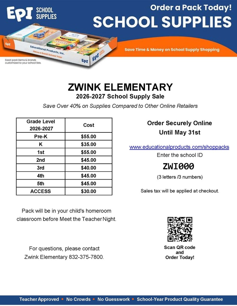 School Supply Order information with QR Code and Price Chart