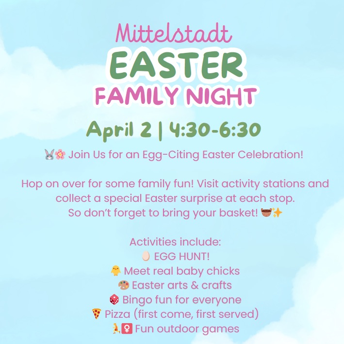 Mittelstadt Easter family event April 3 4:30-6:30 pm bingo live chicks egg hunt