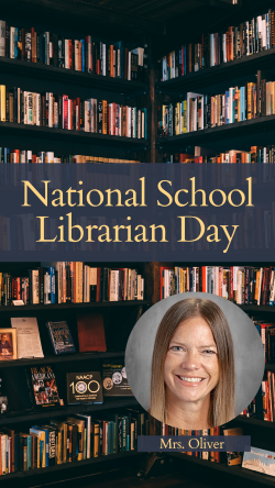 Book shelf background with a school picture portrait of the current librarian for national School Librarian Day