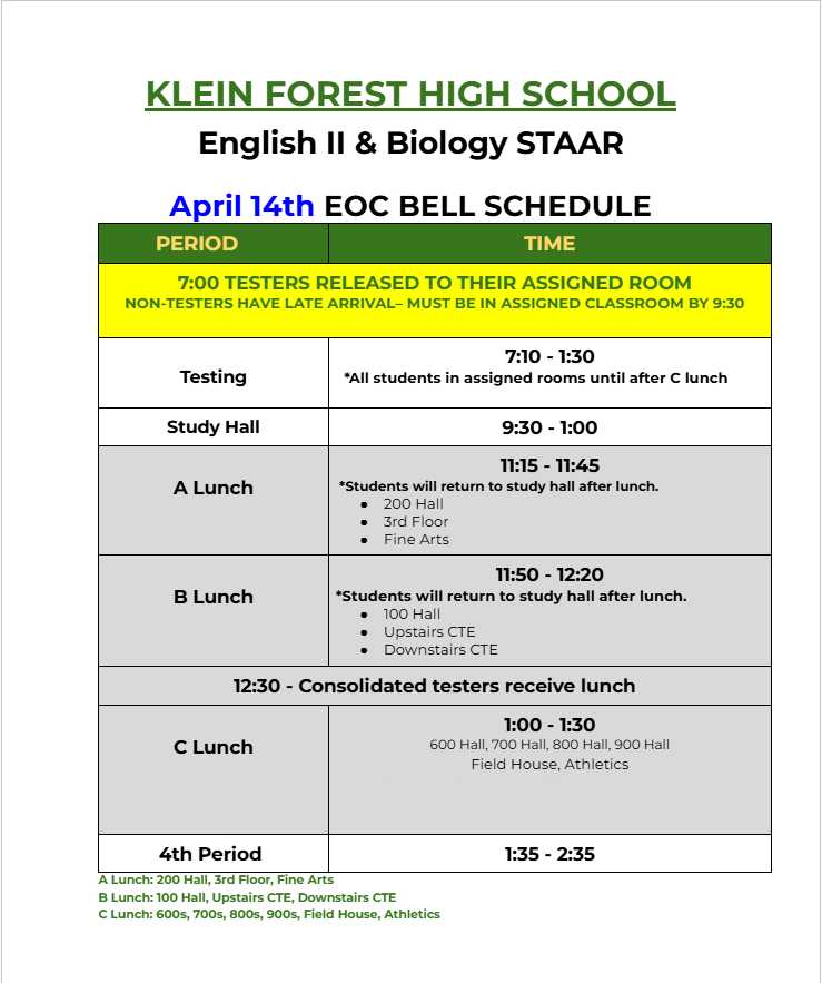 Klein Forest High School STAAR Adjusted Bell Schedule April 14th 2026