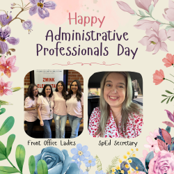 Flower background with one picture of four women standing together and another picture with one woman