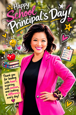 Realistic cartoon rendering from a photograph of a woman in a pink blazer and black shirt
