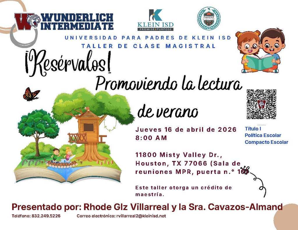 A flyer for a Klein ISD Parent University Master Class Workshop titled "Book-Em! Encouraging Summer Reading," scheduled for Thursday, April 16, 2026, at 8:00 AM in Houston, TX. The workshop is presented by Rhode Glz Villarreal and Mrs. Cavazos-Almand. The flyer features school logos and illustrations of children reading a book with a treehouse.